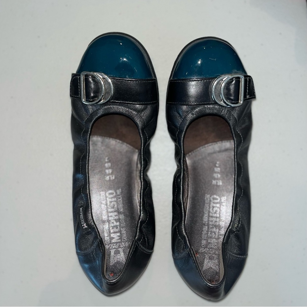 Grey and turquoise Mephisto ballet shoe with silver buckle.